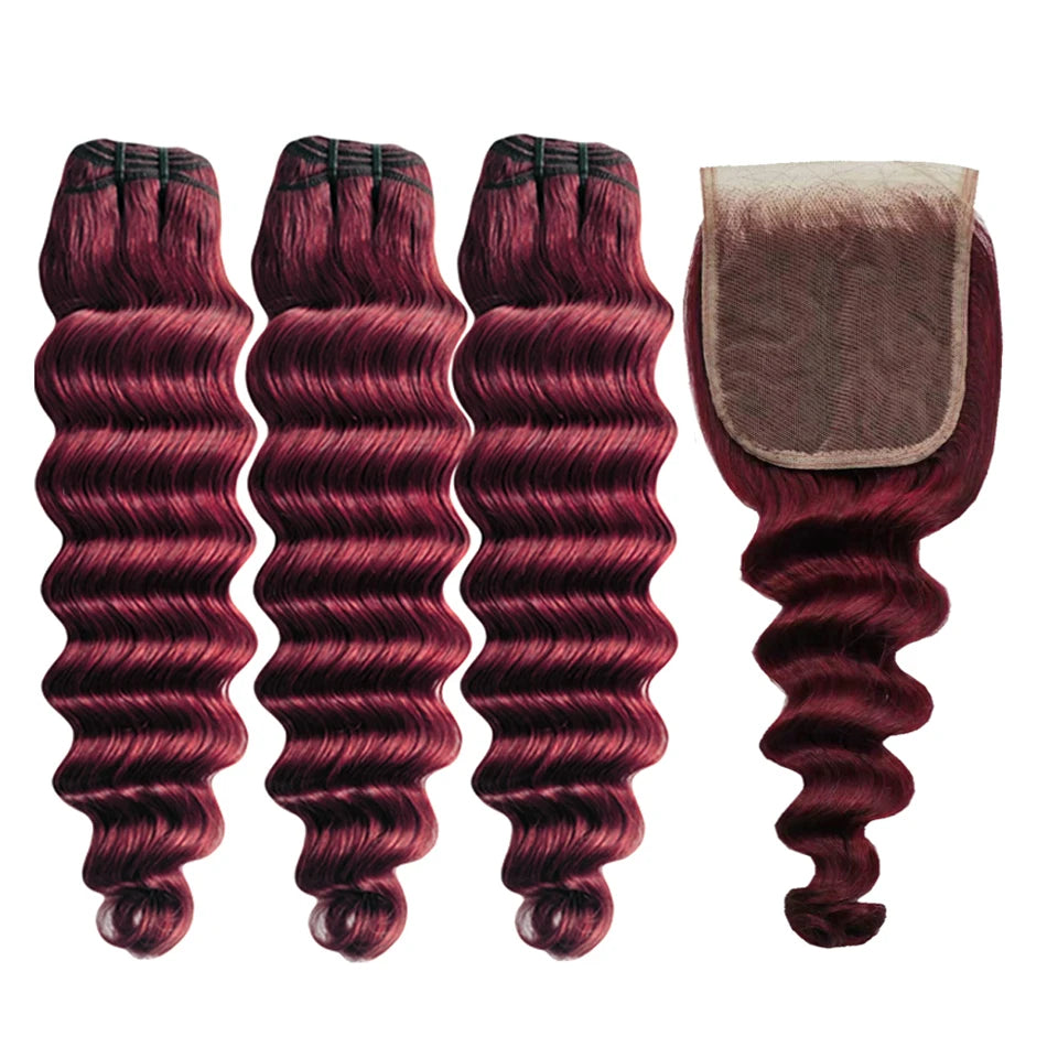 Burgundy Bundles with Closure 99j Loose Deep wave Human Hair