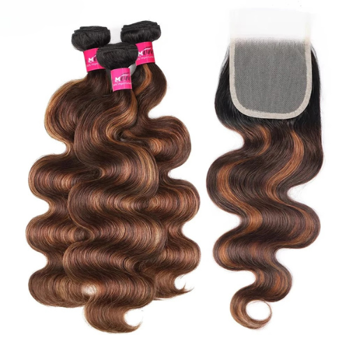 Brown Body Wave Bundles With Closure Ombre Colored