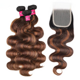 Brown Body Wave Bundles With Closure Ombre Colored