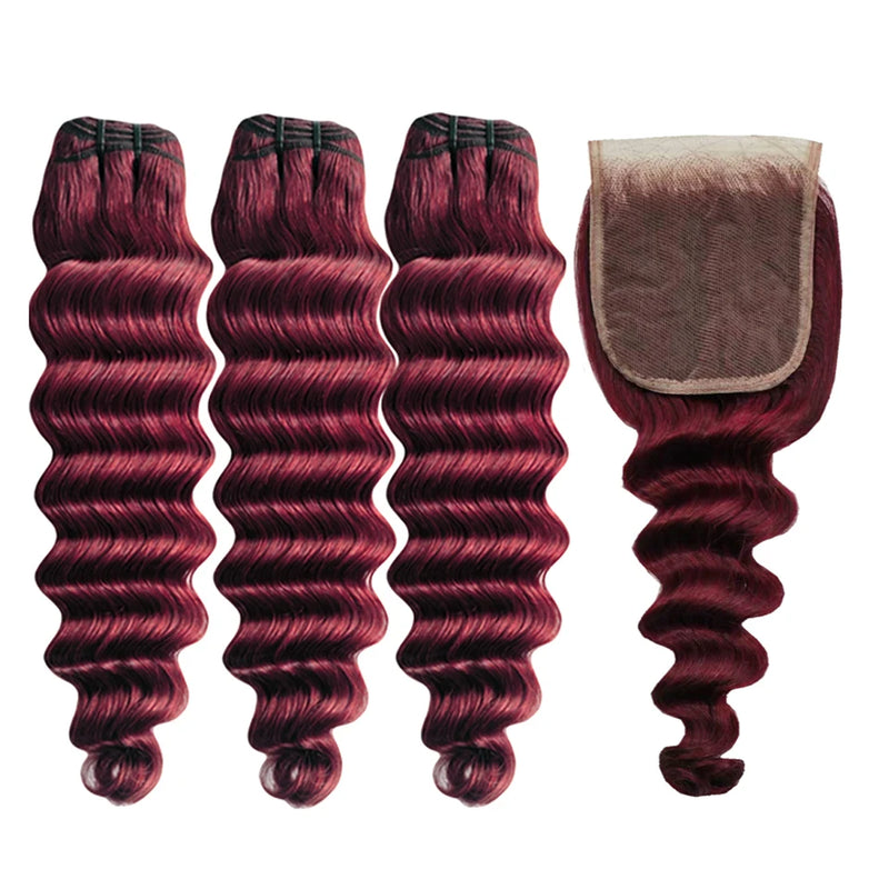 Burgundy Bundles with Closure 99j Loose Deep wave Human Hair