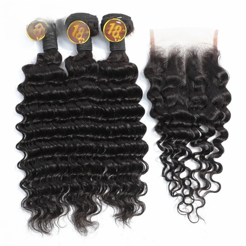 4×4 Deep Wave Bundles With Closure Peruvian Human Hair