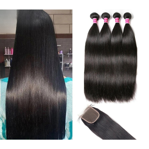 Natural Straight Hair Weave Bundles With Closure Remy Natural Jet Black