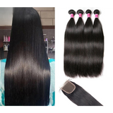 Natural Straight Hair Weave Bundles With Closure Remy Natural Jet Black